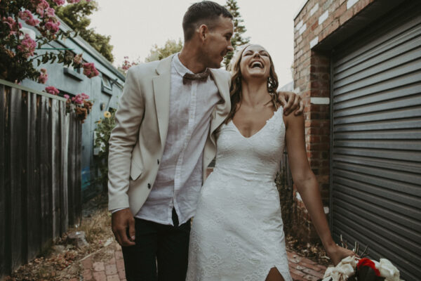 Fremantle Assembly Yard Wedding Bride and Groom laughing